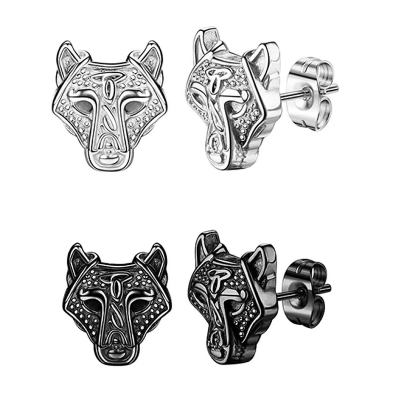 Steel-tone and black-tone front and side views of The Lone Wolf stud earrings