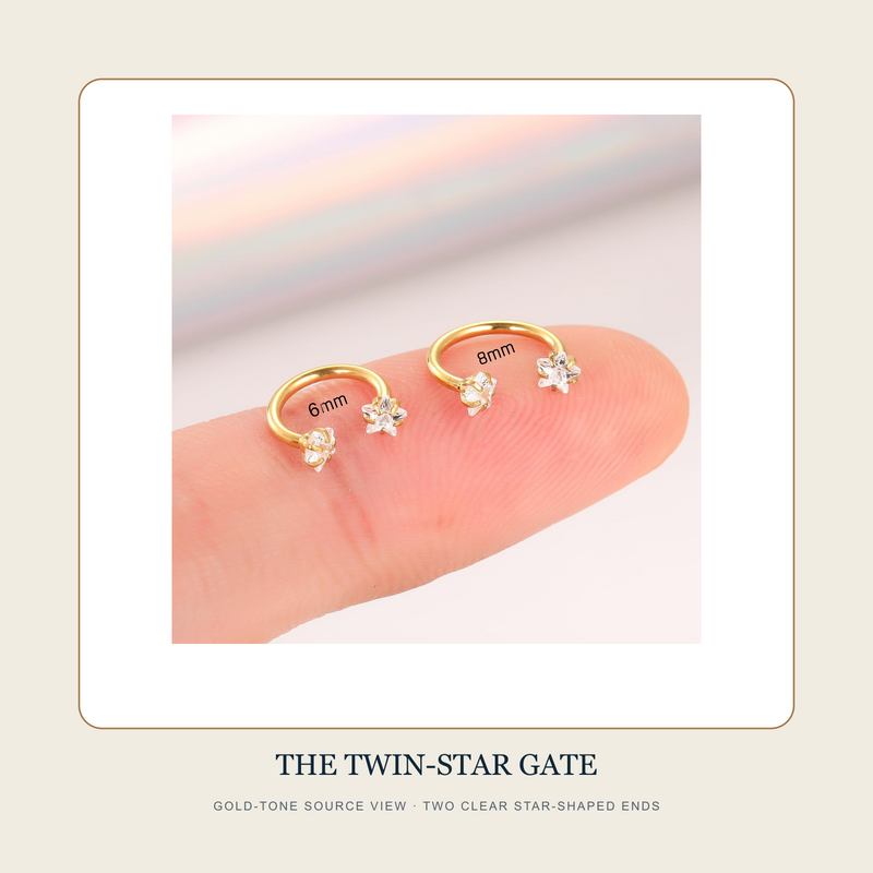 Gold-tone source view of The Twin-Star Gate open circular barbell in supplier-labeled 6 mm and 8 mm sizes