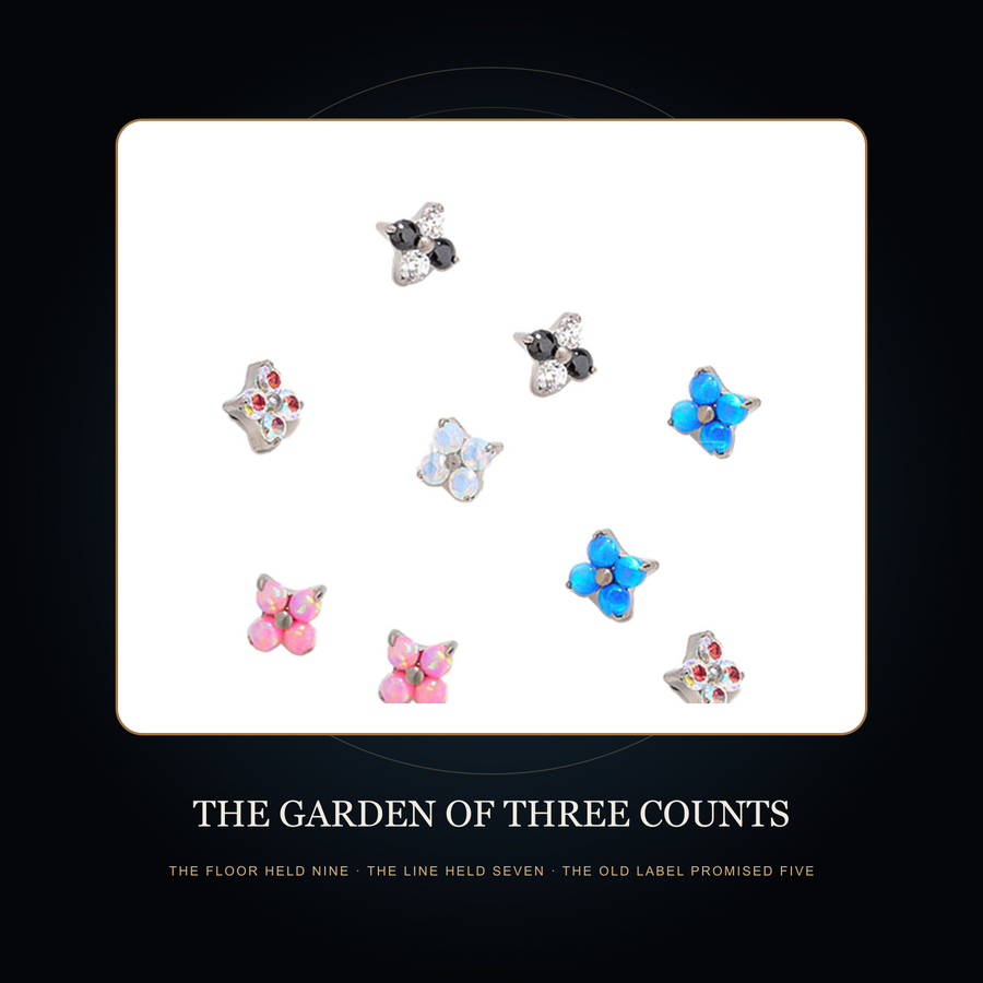 Nine four-lobed source samples in the fictional Garden of Three Counts story scene