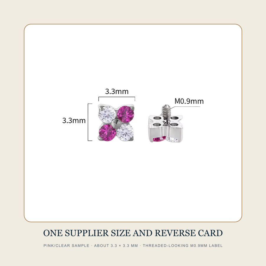 Supplier card showing one pink-and-clear four-lobed top at about 3.3 by 3.3 millimeters and a threaded-looking reverse labeled M0.9mm