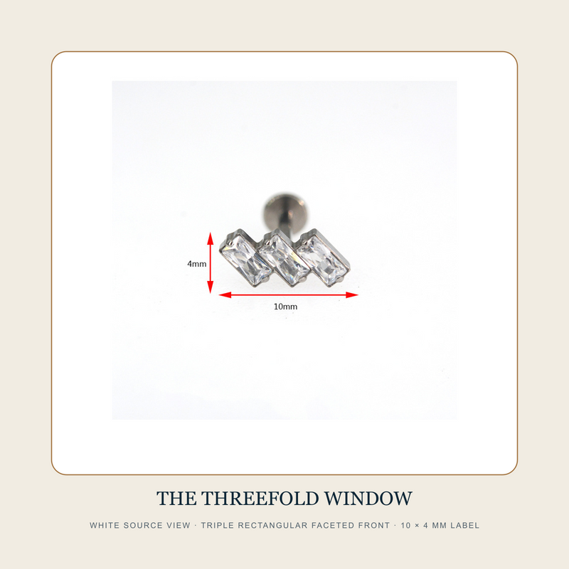 White source view of The Threefold Window flat-back stud with a triple rectangular faceted front and 10 by 4 mm front label