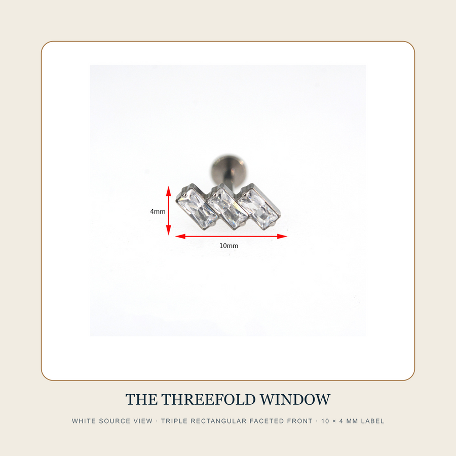 White source view of The Threefold Window flat-back stud with a triple rectangular faceted front and 10 by 4 mm front label