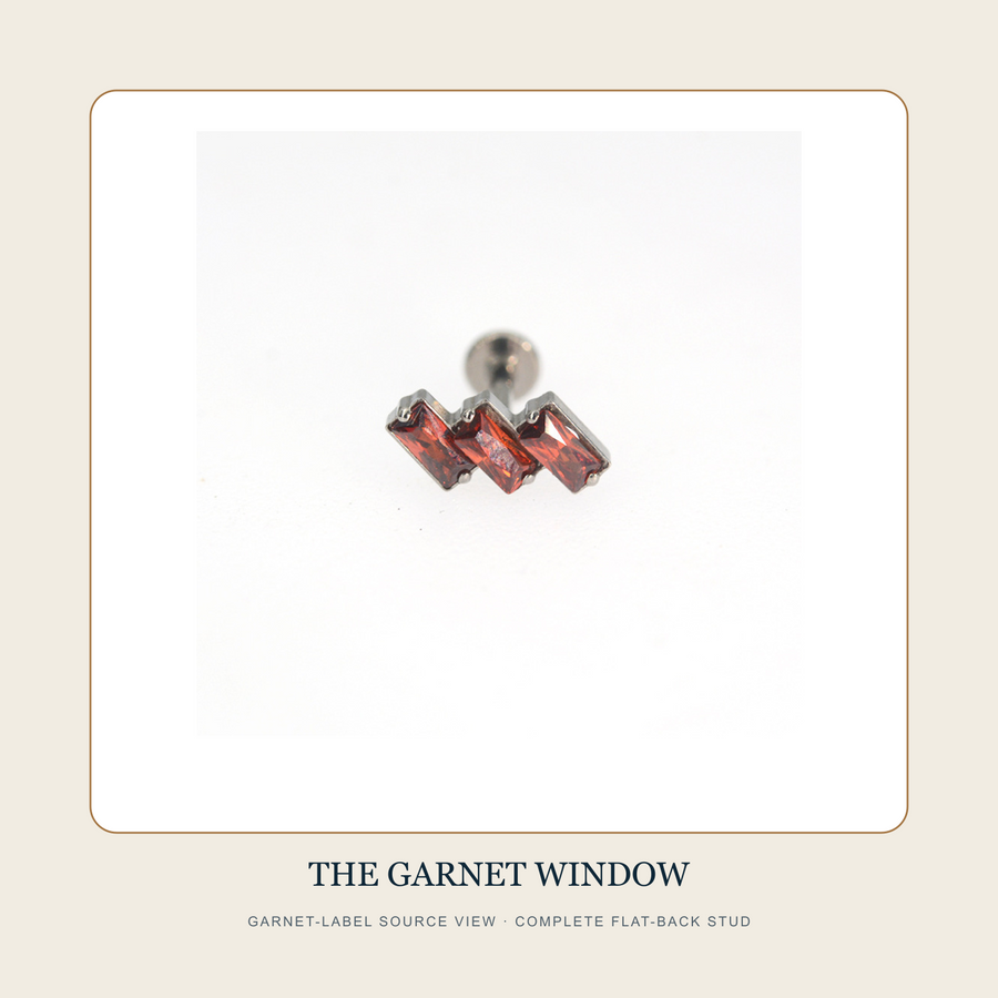 Garnet-label source view of The Threefold Window complete flat-back stud