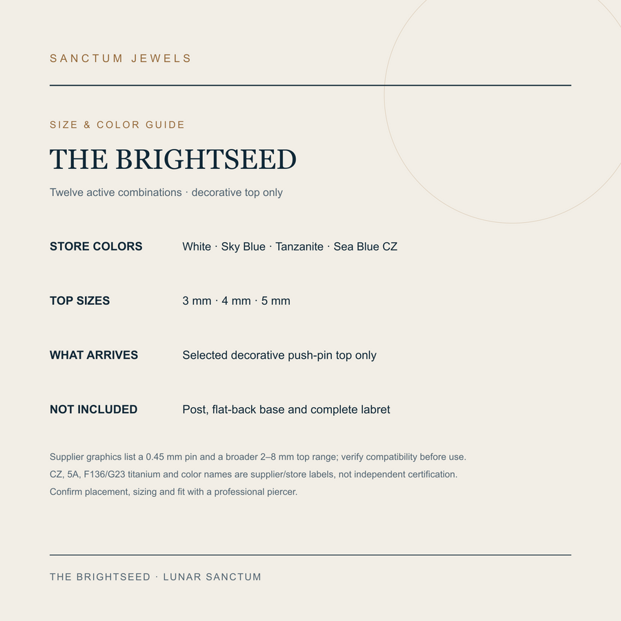 The Brightseed — Four-Color Push-Pin Jewelry Top — size color guide