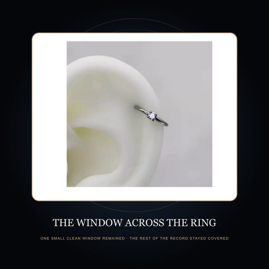 Small side-accent hoop reference in the fictional Window Across the Ring story scene