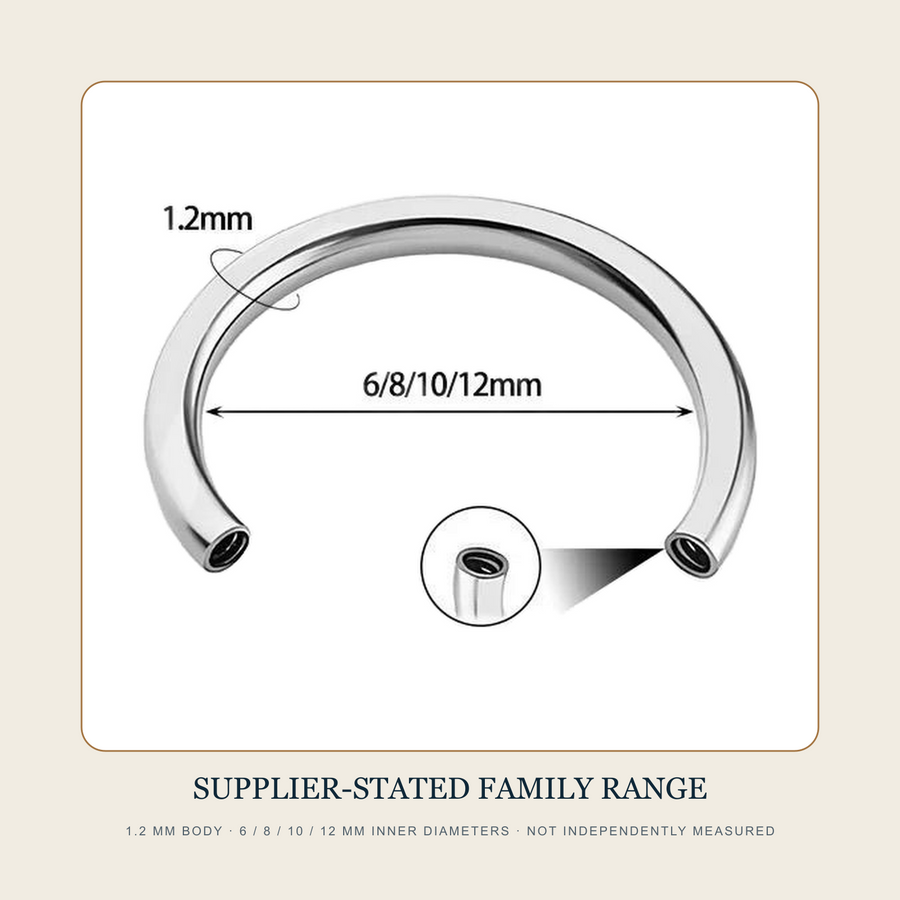 Supplier diagram stating 1.2 millimeter body and 6, 8, 10 and 12 millimeter inner-diameter family ranges