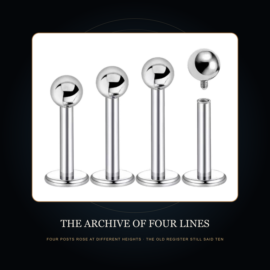 Four visibly unequal flat-back stud source samples in the fictional Archive of Four Lines story scene