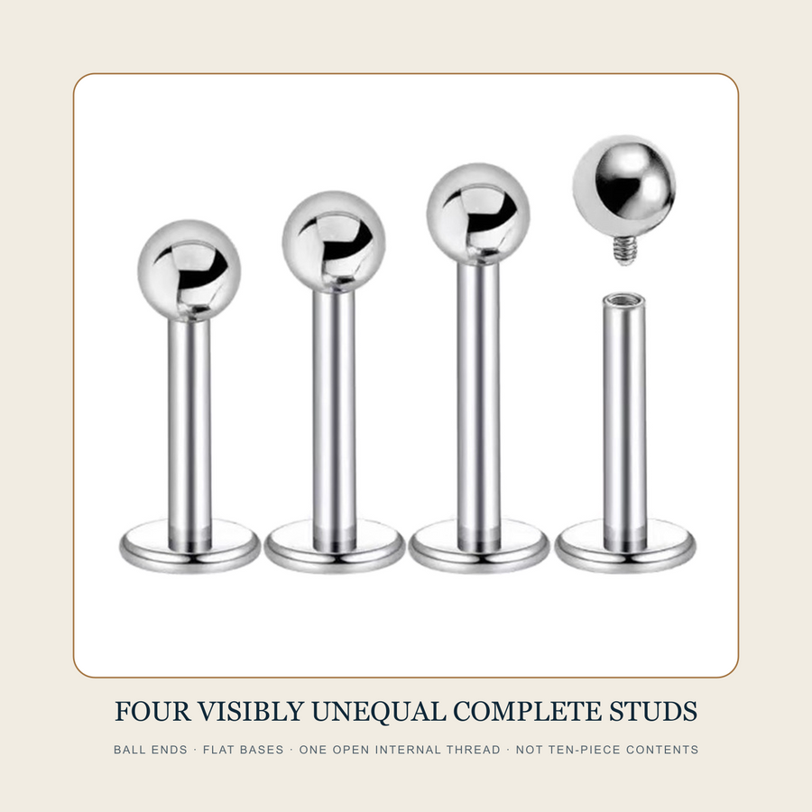 Four steel-tone ball-end flat-back stud source samples at visibly different post lengths with one threaded ball removed