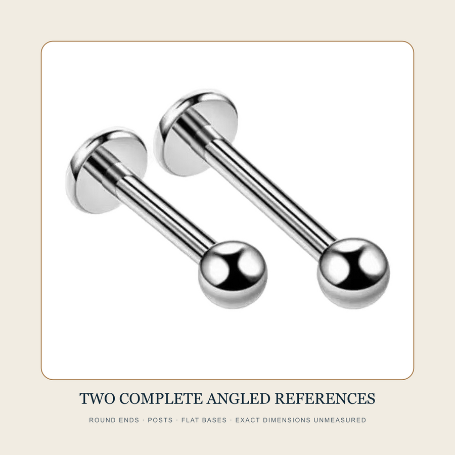 Two complete steel-tone ball-end flat-back stud source samples shown from an angled view
