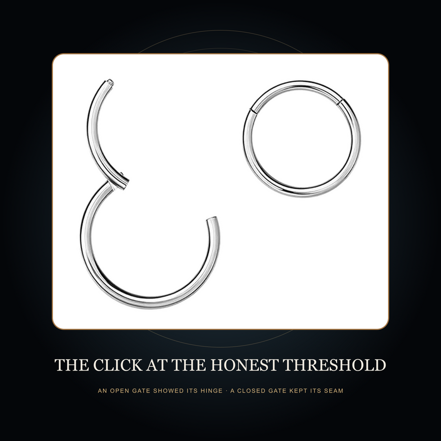 Open and closed hinged hoop witnesses in the fictional Click at the Honest Threshold story scene