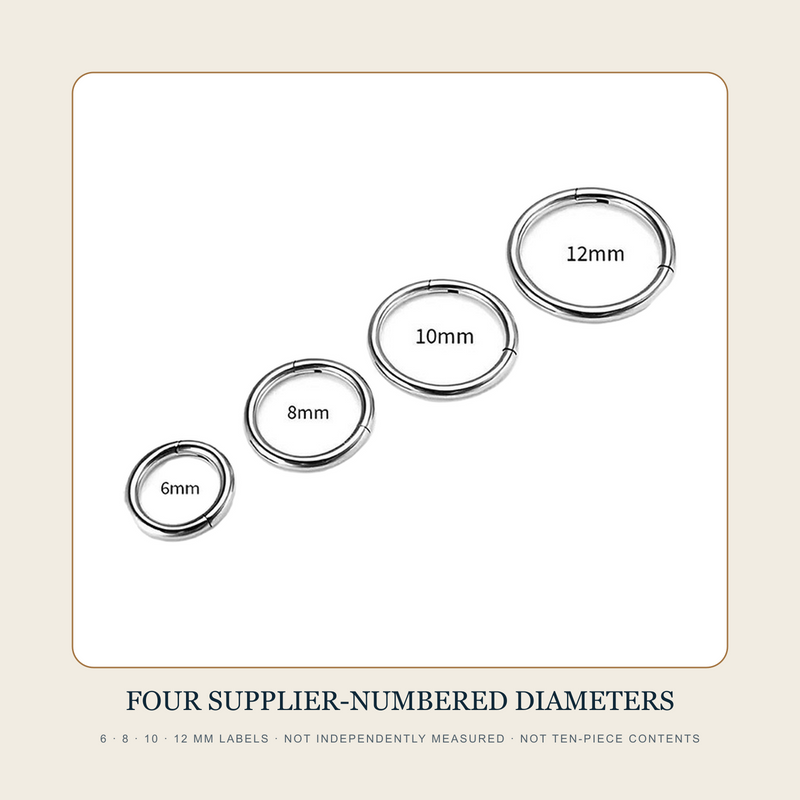 Four steel-tone hinged hoop source examples labelled 6, 8, 10 and 12 millimeters by the supplier