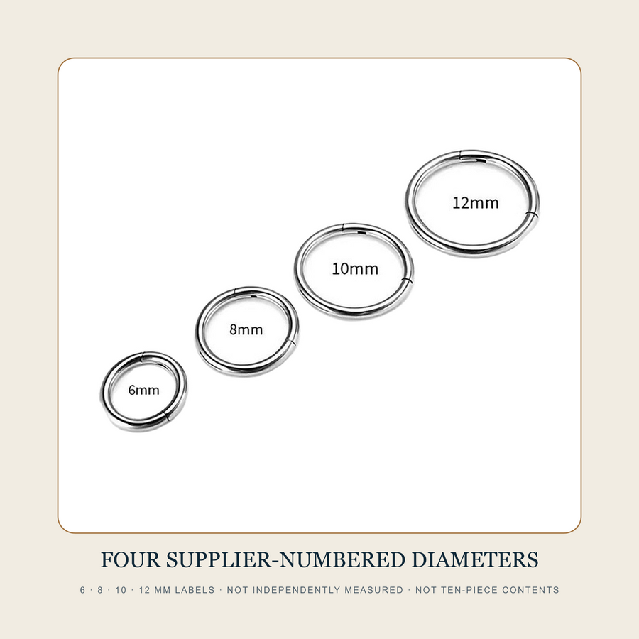 Four steel-tone hinged hoop source examples labelled 6, 8, 10 and 12 millimeters by the supplier