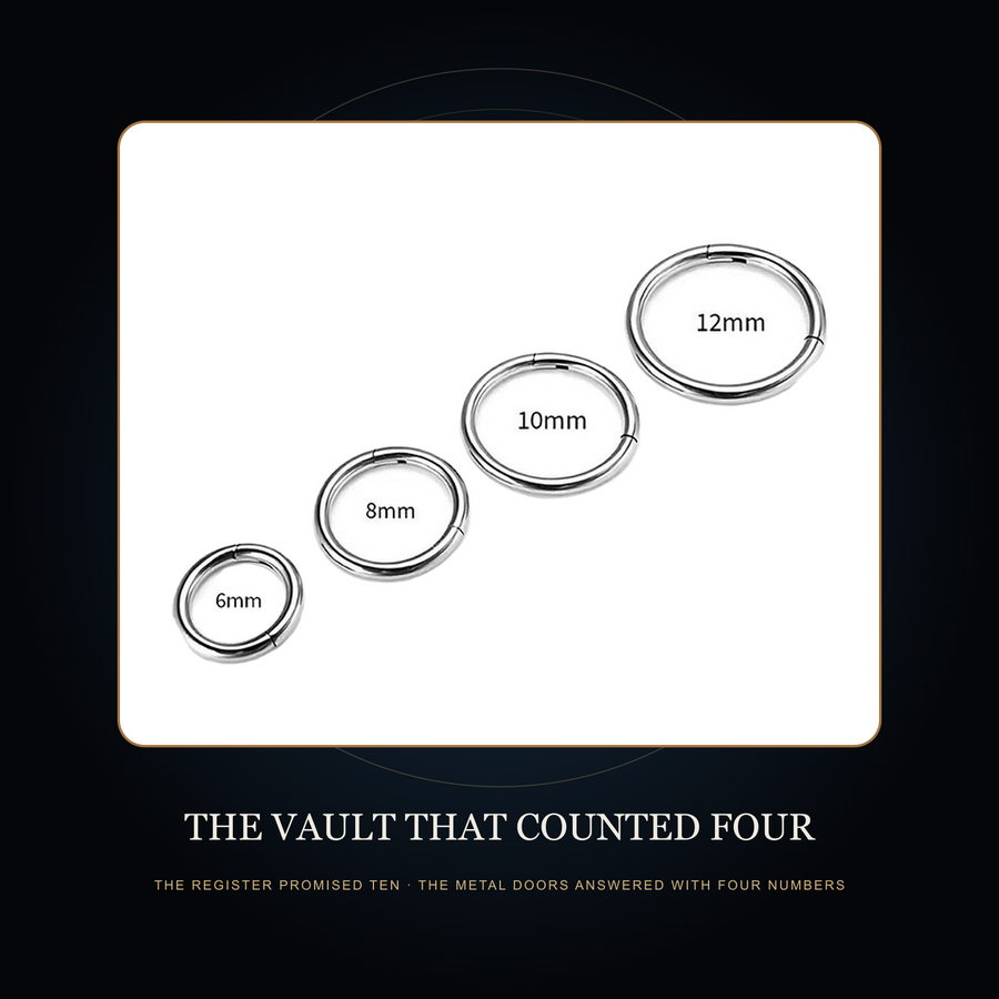 Four supplier-numbered hoop examples in the fictional Vault That Counted Four story scene