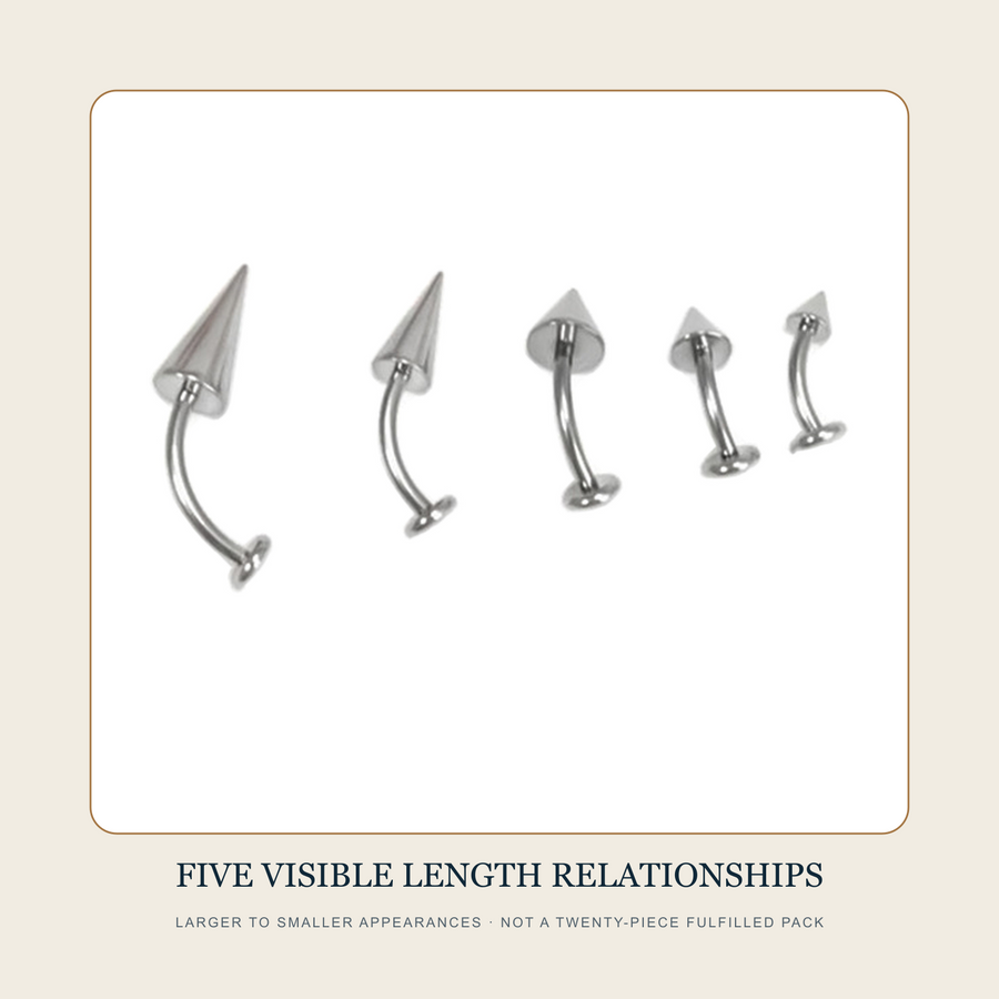 Five steel-tone cone-end curved flat-back stud source examples showing relative length differences