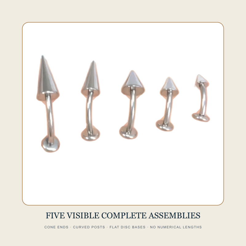 Five complete steel-tone cone-end curved flat-back stud source assemblies at visibly different lengths