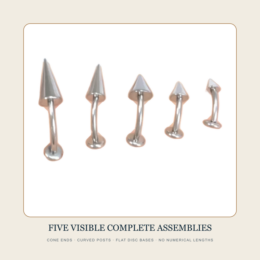 Five complete steel-tone cone-end curved flat-back stud source assemblies at visibly different lengths