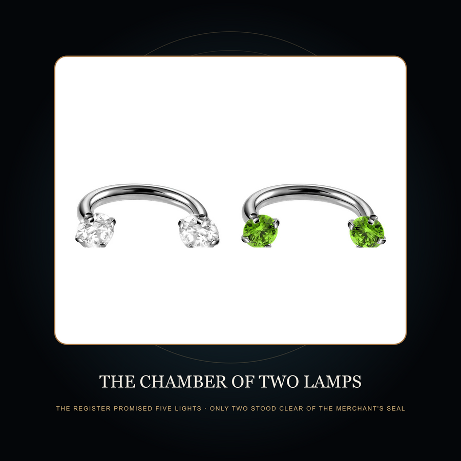 Two clean complete curved-bar source samples in the fictional Chamber of Two Lamps story scene