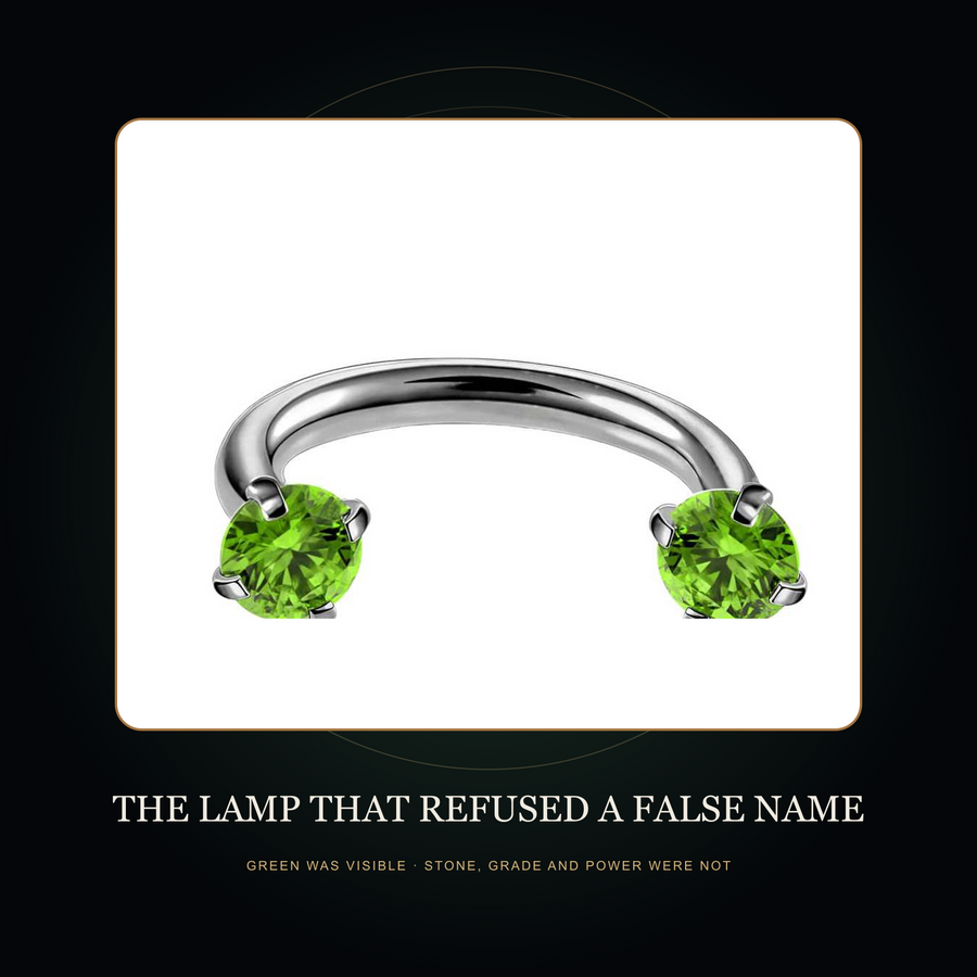 Green-looking round-end curved-bar source sample in the fictional Lamp That Refused a False Name story scene