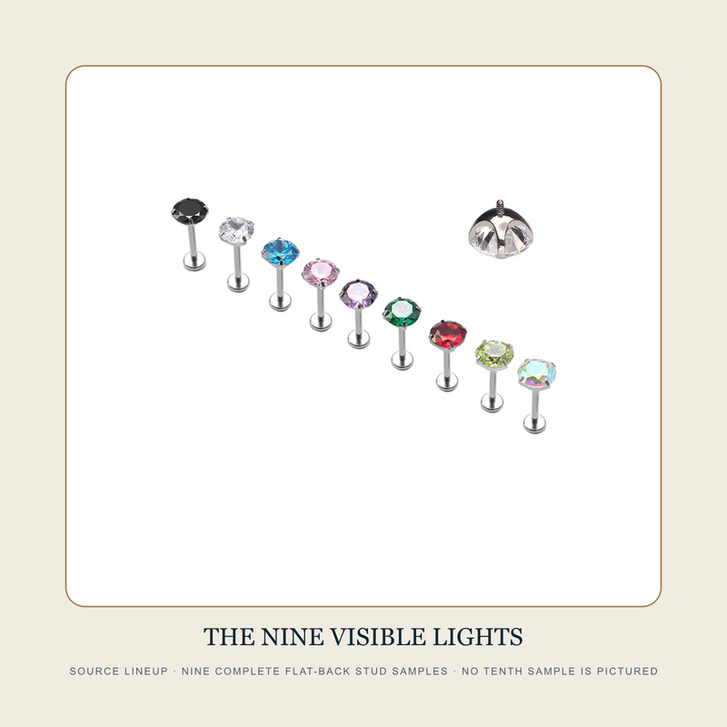 The Nine Visible Lights source lineup showing nine complete prong-set flat-back stud samples in distinct appearances