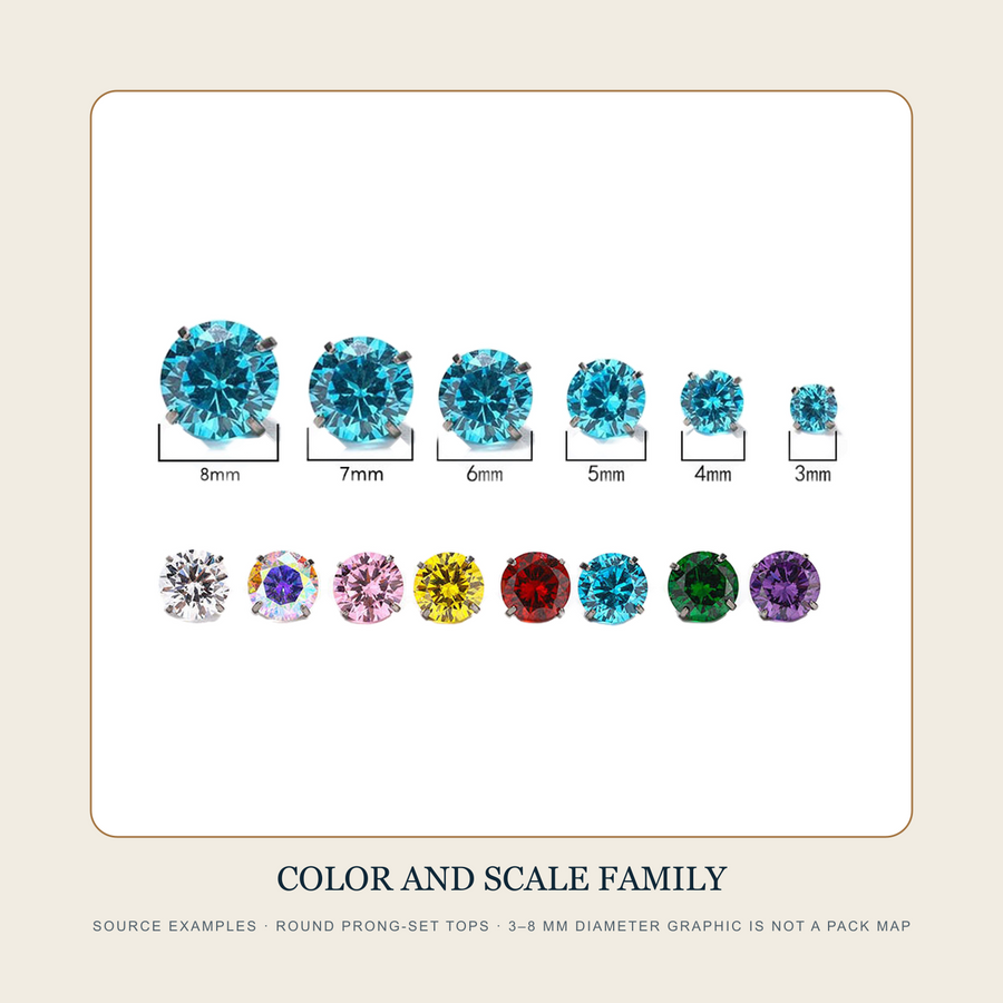 Source color and size family graphic showing round prong-set top examples from 3 to 8 millimeters