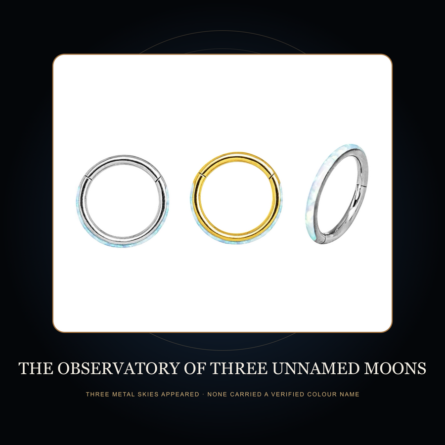 Silver-tone and gold-tone source hoops in the fictional Observatory of Three Unnamed Moons story scene