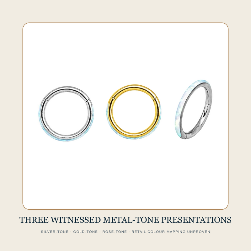 Silver-tone and gold-tone circular hoops with pale iridescent-looking side-set sections and visible segment seams