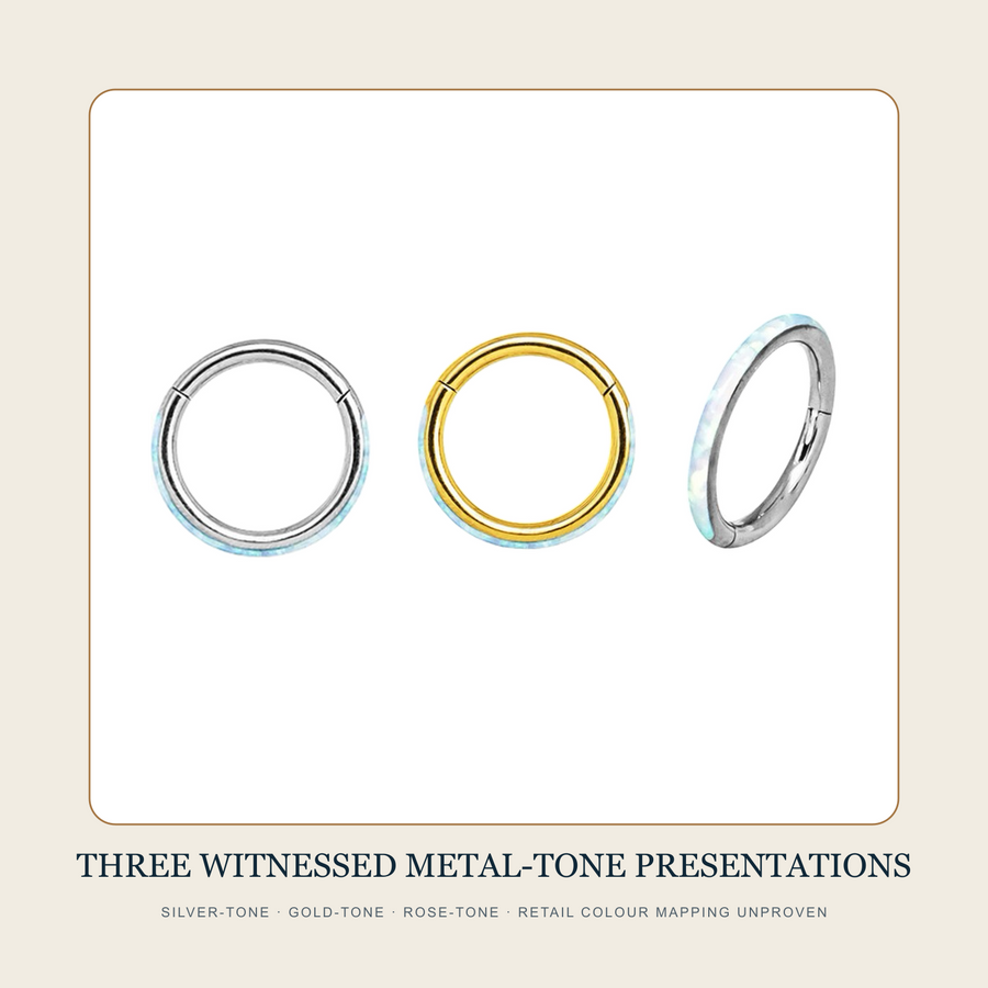 Silver-tone and gold-tone circular hoops with pale iridescent-looking side-set sections and visible segment seams