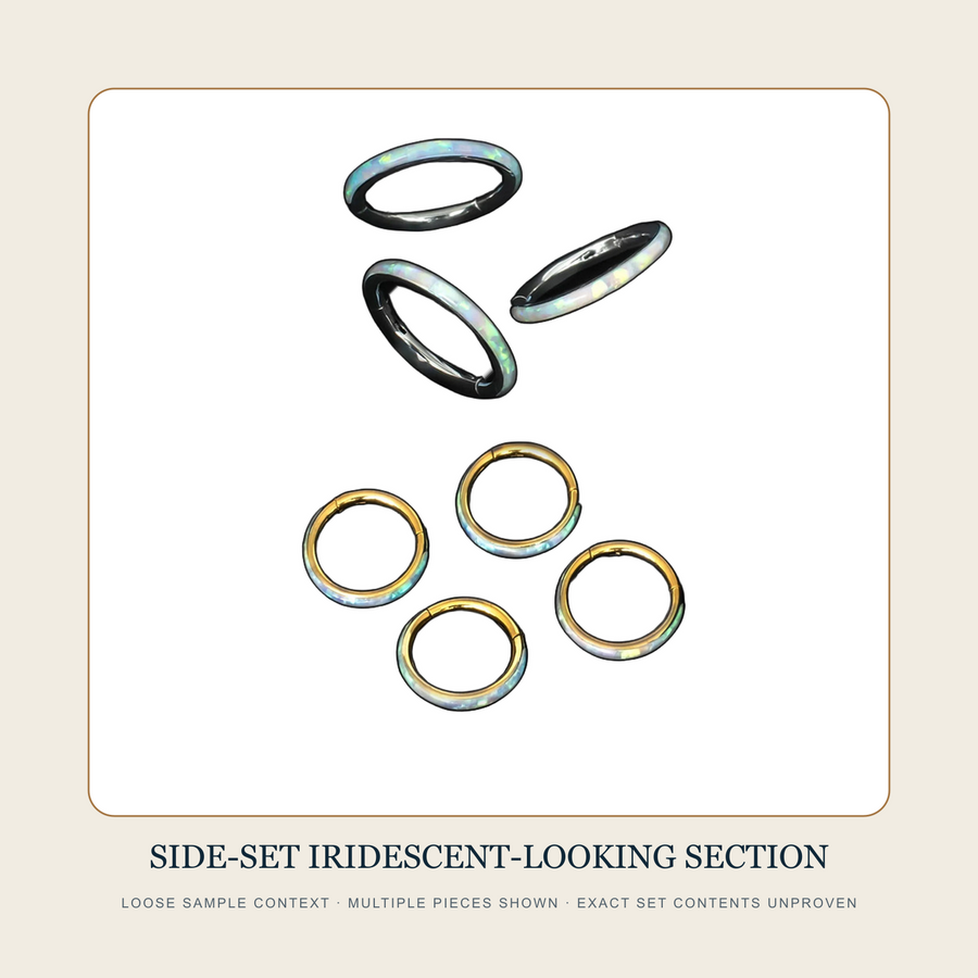 Multiple loose silver-tone and gold-tone side-set iridescent hoop source samples without verified set contents