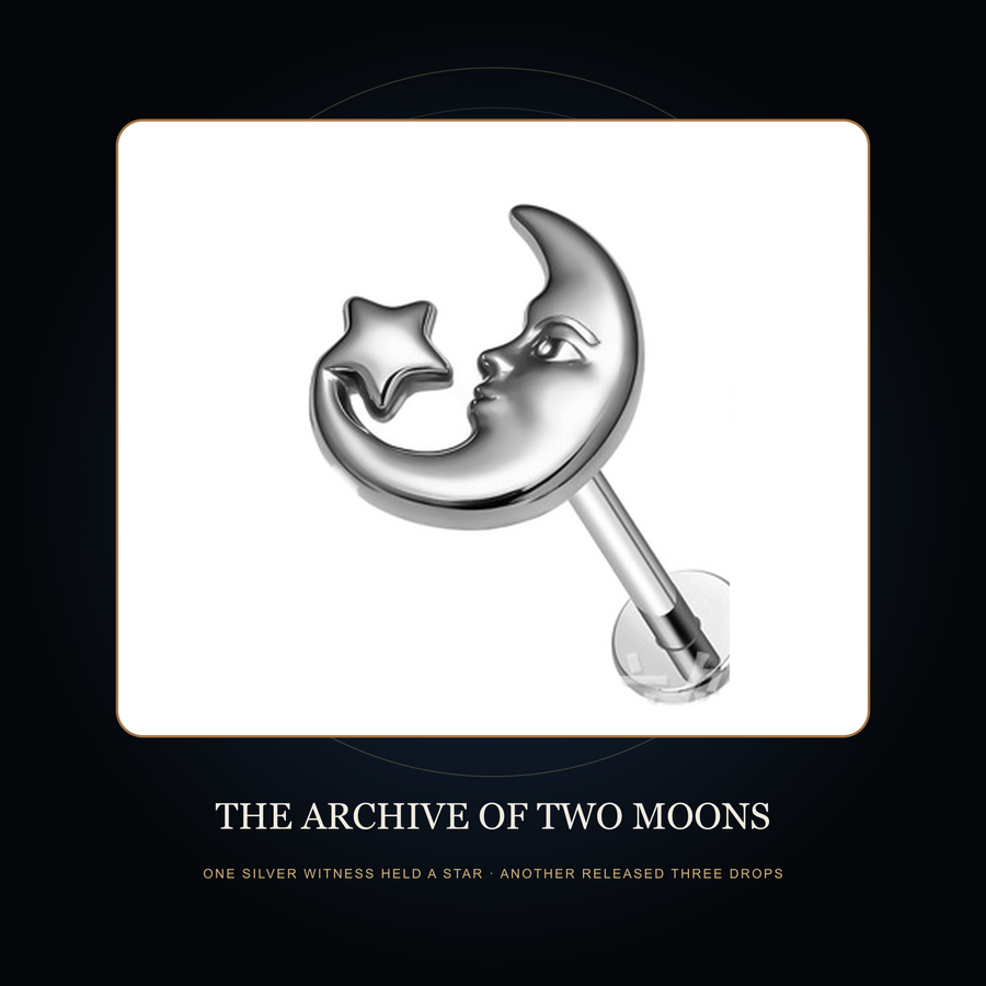 Silver-tone star-held moon witness in the fictional Archive of Two Moons story scene