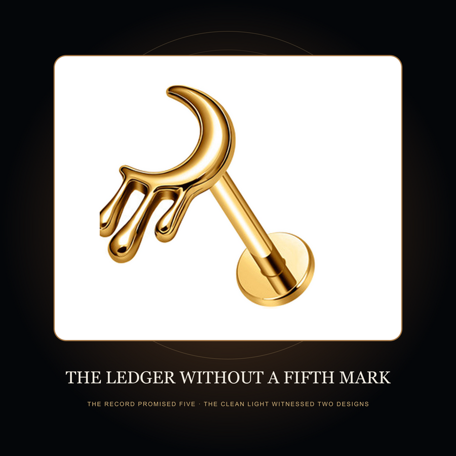 Gold-tone dripping crescent witness in the fictional Ledger Without a Fifth Mark story scene