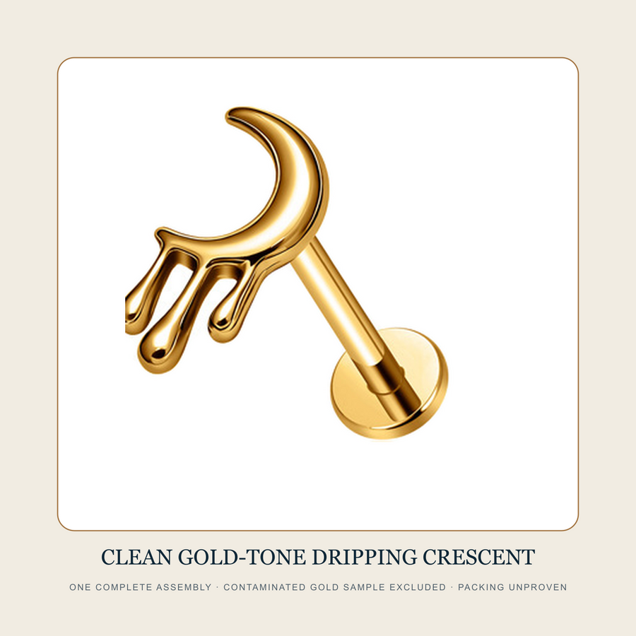 One isolated complete gold-tone dripping crescent flat-back stud source assembly