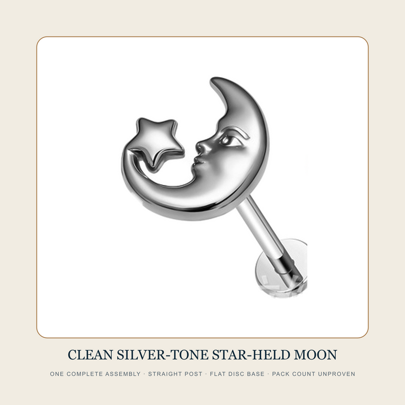 One isolated complete silver-tone moon embracing star flat-back stud source assembly
