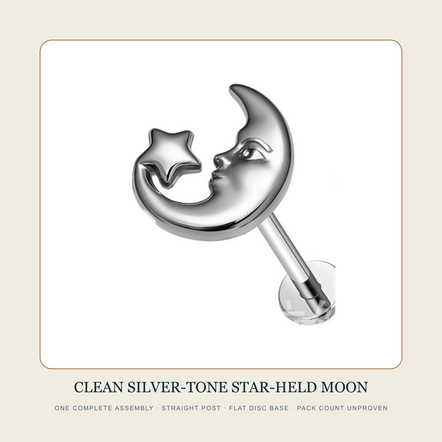 One isolated complete silver-tone moon embracing star flat-back stud source assembly
