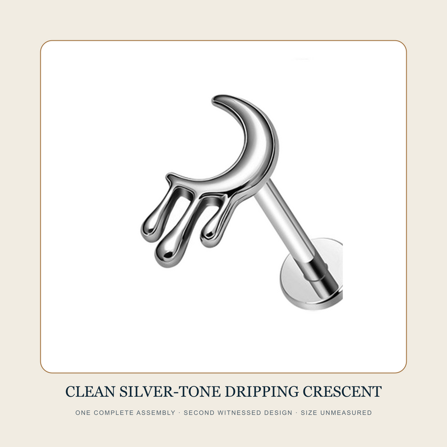 One isolated complete silver-tone dripping crescent flat-back stud source assembly