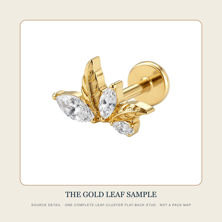 The Two Proven Marks gold-tone leaf-cluster flat-back stud source sample