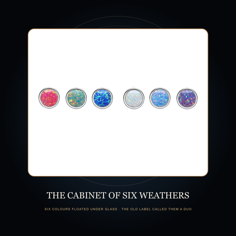 Six round iridescent source appearances in the fictional Cabinet of Six Weathers story scene