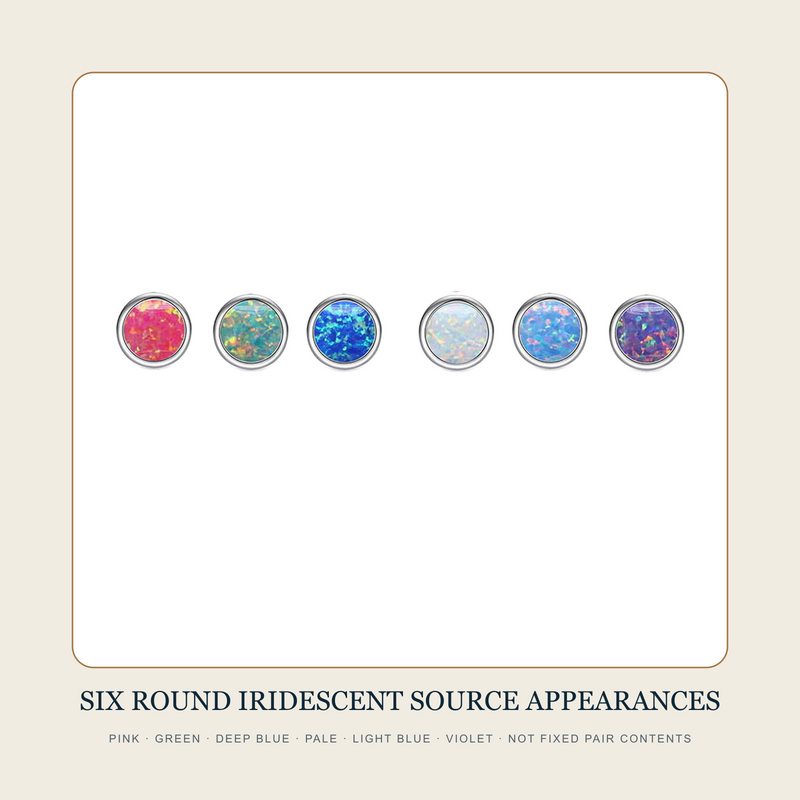 Six round iridescent-looking source top appearances in pink, green, deep blue, pale, light blue and violet