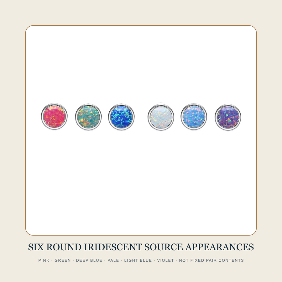 Six round iridescent-looking source top appearances in pink, green, deep blue, pale, light blue and violet