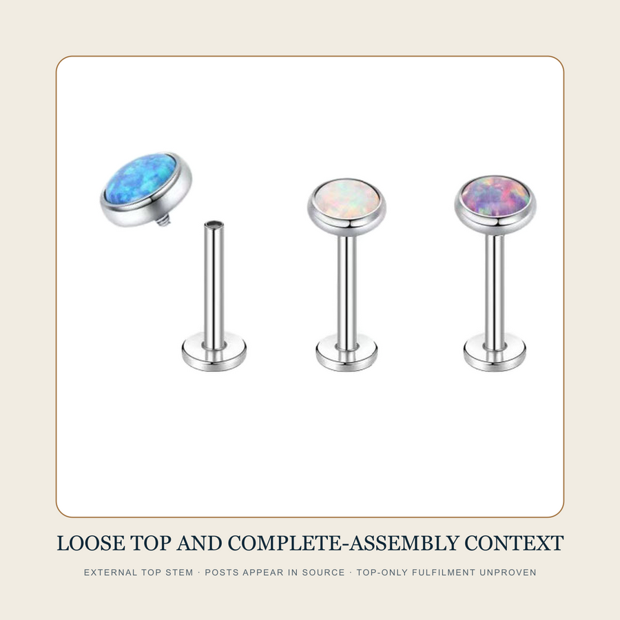 Loose externally threaded-looking round top beside complete flat-back post assemblies as source-family context