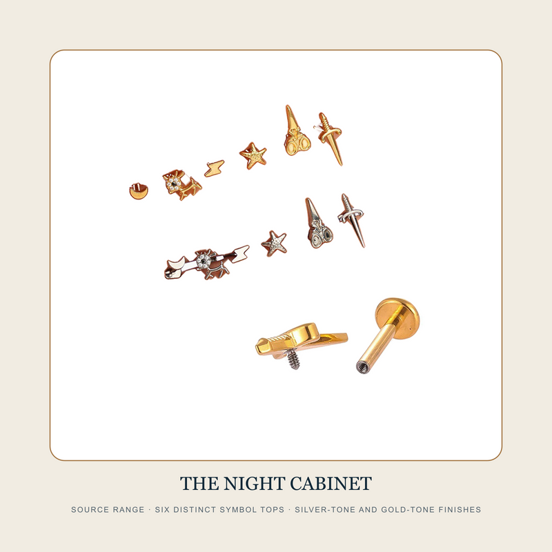 The Night Cabinet source range showing six symbolic threaded flat-back stud tops in silver-tone and gold-tone finishes