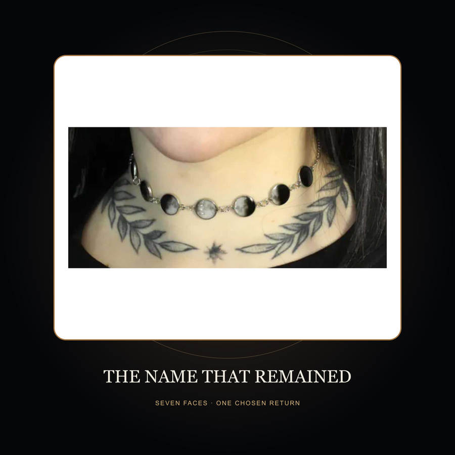 The Seven Faces moon-panel necklace in the fictional Night Archive story scene