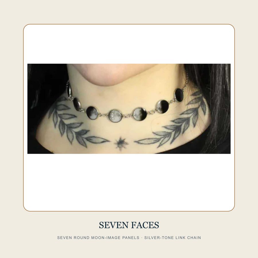 Detail view of seven round moon-image panels on The Seven Faces silver-tone chain necklace