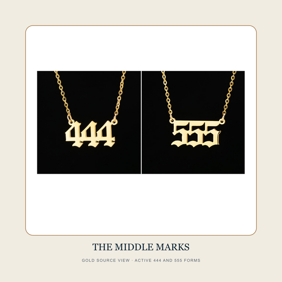 Gold source view of The Numbered Threshold active 444 and 555 repeating-digit necklaces