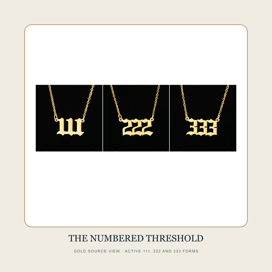 Gold source view of The Numbered Threshold active 111, 222 and 333 repeating-digit necklaces