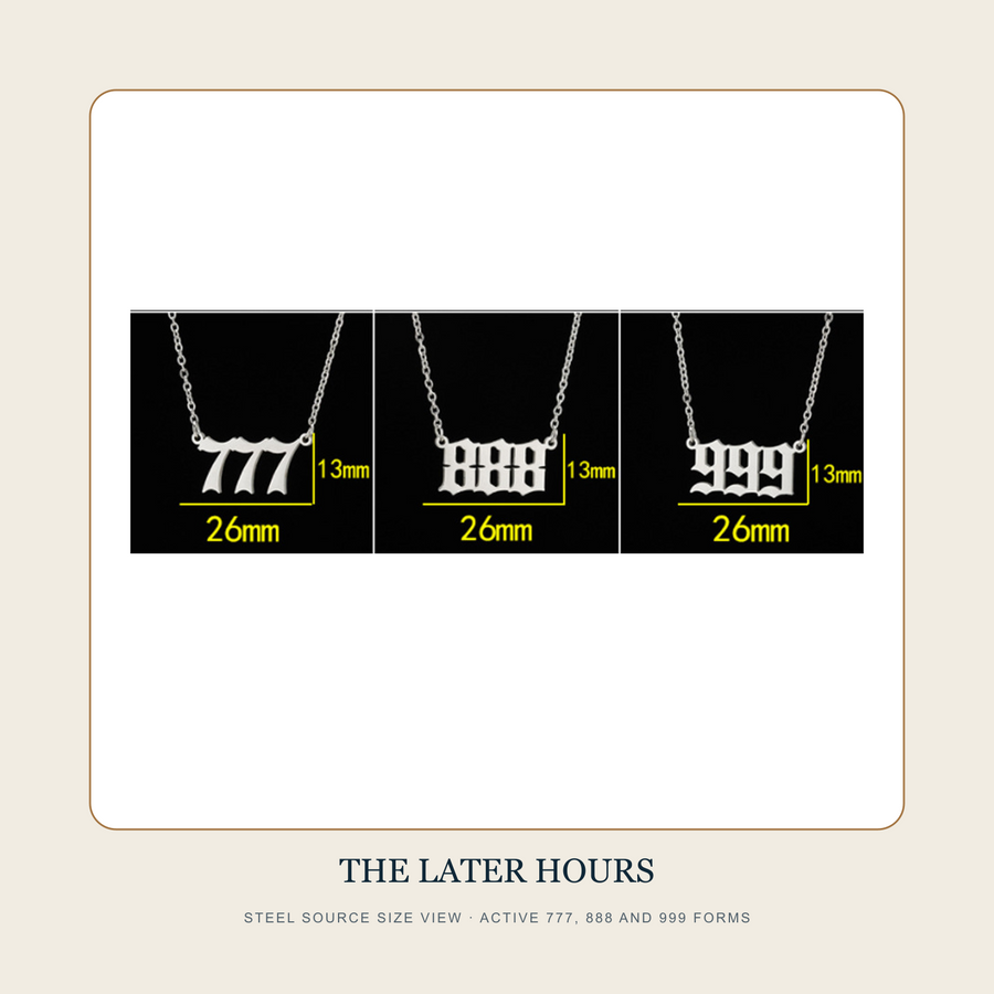 Steel source size view of The Numbered Threshold active 777, 888 and 999 repeating-digit necklaces