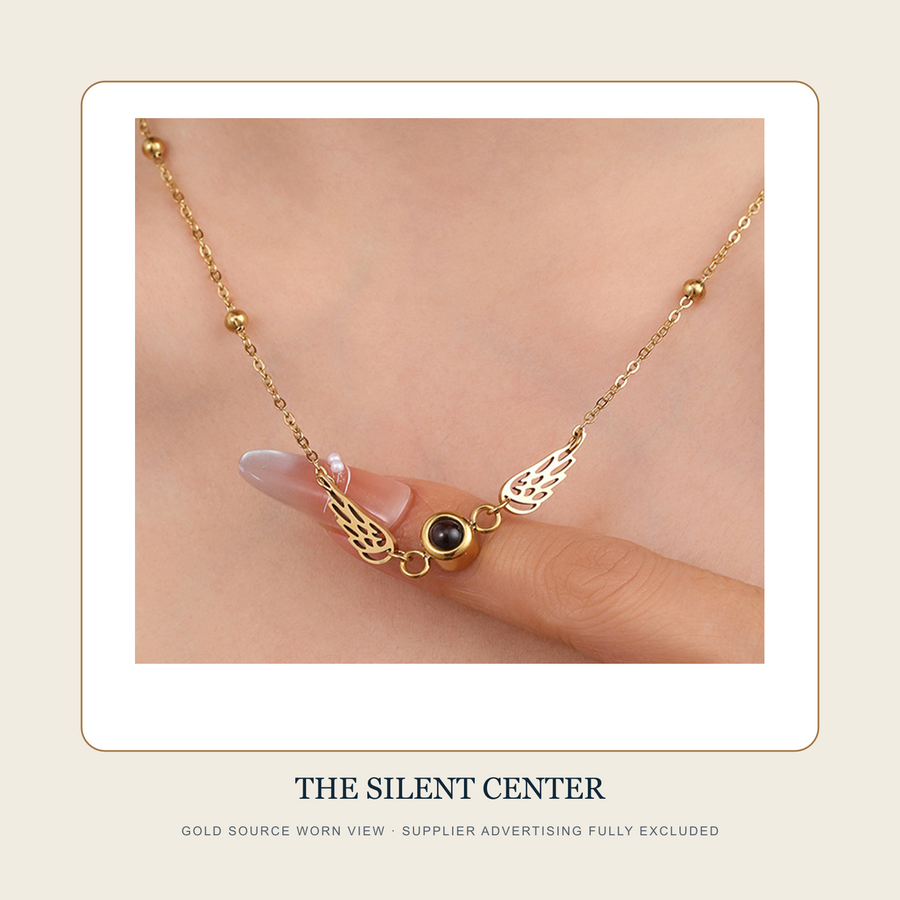 Advertisement-free worn Gold source view of The Untranslated Question necklace