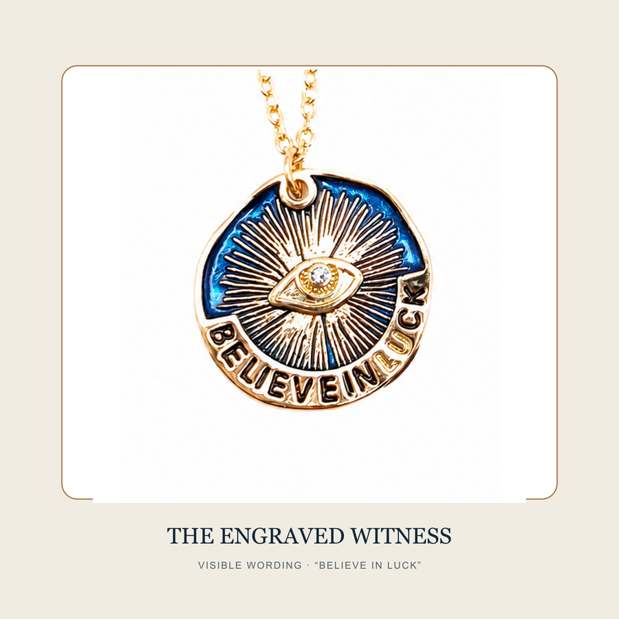 Complete medallion detail with raised eye, radiating grooves and BELIEVE IN LUCK engraving