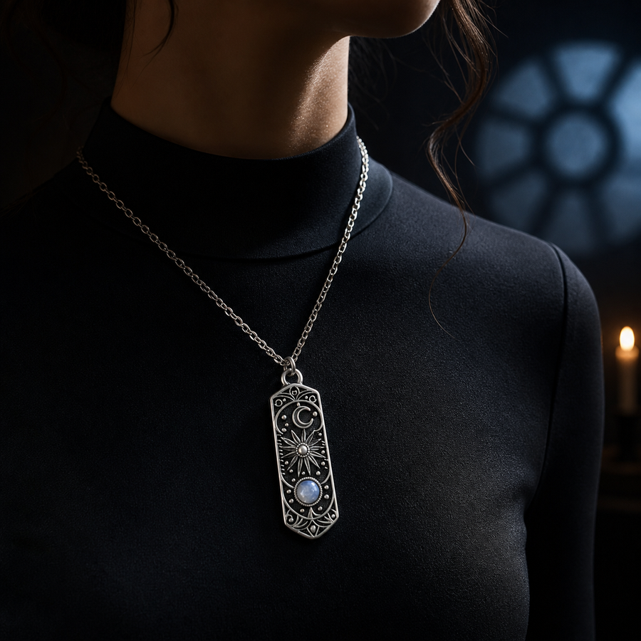 Woman wearing The Three Lights necklace in cool moonlight