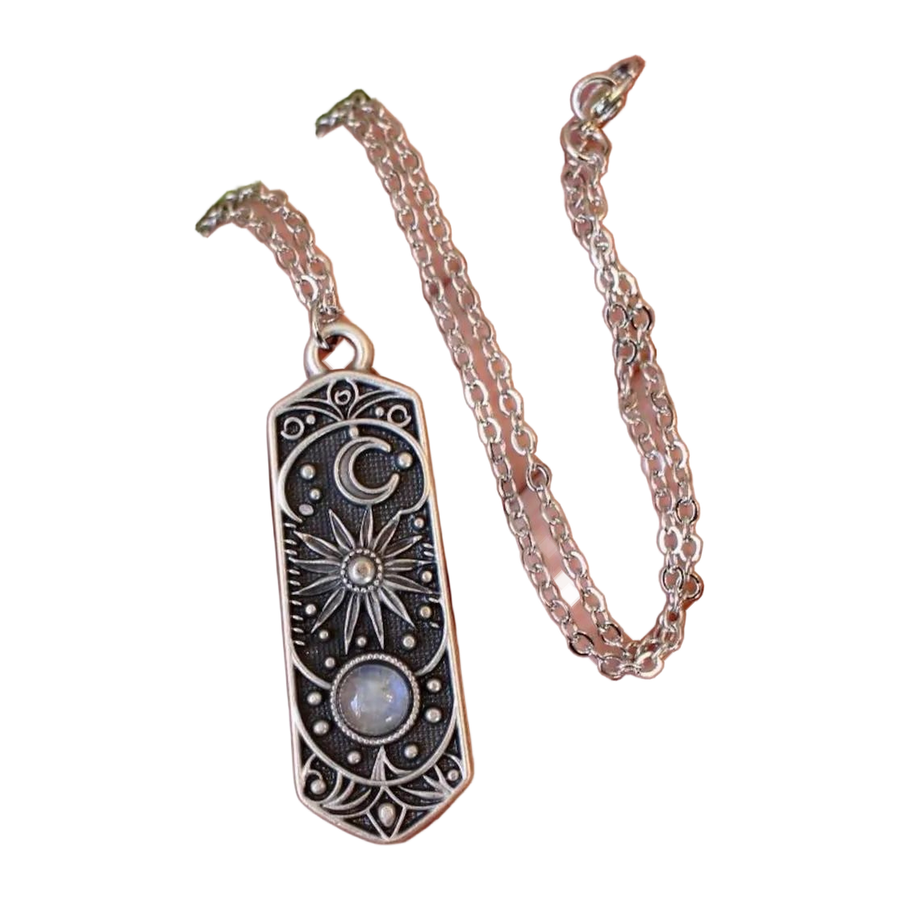 The Three Lights antique silver celestial necklace, complete product view