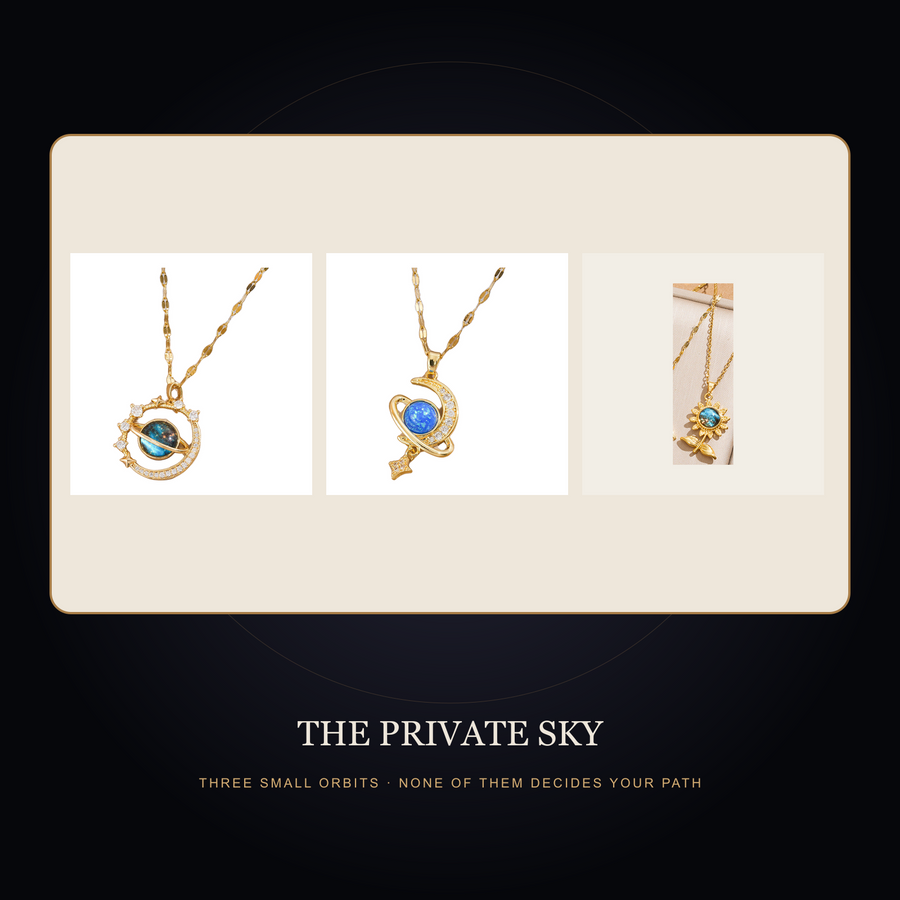 The Private Sky branded story scene showing three Little Orbit necklace options